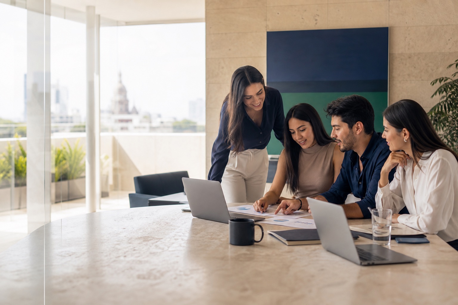 Equipo joven de consultoría trabajando en un modelo de gobierno
